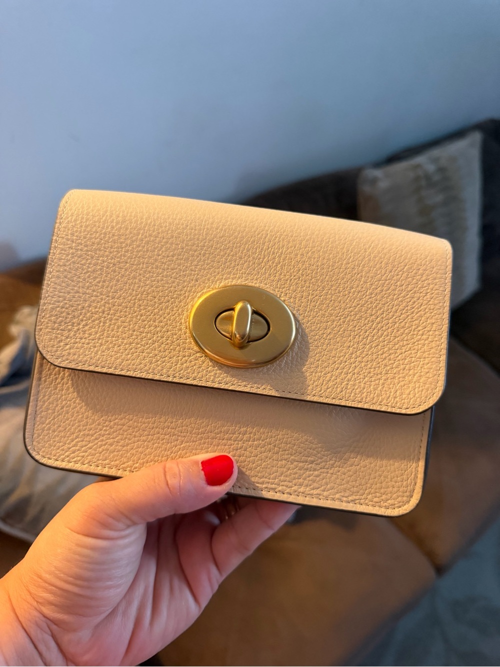 Coach JLo Small Pebbled Leather Crossbody in Light Beige with Gold Turn-Lock